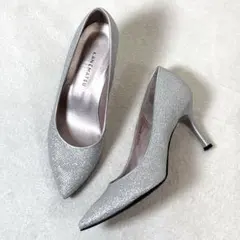 美品 銀座かねまつ パンプス 24cm シルバー グリッター ポインテッドトゥ