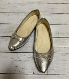 シルバー リボン付きバレエシューズ ポインテッドトゥ