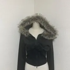 ファー付きフード クロップドパーカー 黒