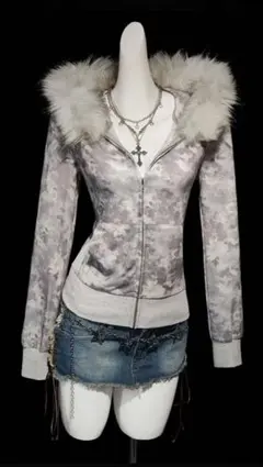 y2k 平成ギャル グランジ 00s カモフラ ファー ジップ パーカー