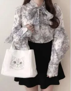 GRL 花柄フリルボウタイオーガンジーブラウス チャコール al121