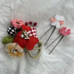 七五三 成人式 和装髪飾り 3点セット赤い花とチェック柄