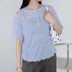 シアーワッフル 配色 へンリーネック 半袖 Tシャツ / マシンウォッシャブルのサムネイル