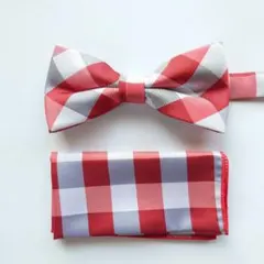 蝶ネクタイ　チーフ　セット　レッド　シルバーグレー　チェック　結婚式