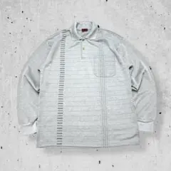 美品90sビンテージ長袖ポロシャツグレーボーダー幾何学総柄オーバーサイズ古着XL