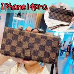 スマホ iPhone14pro 手帳型ケース チェック柄 ブラウン スマホカバー