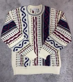 【希少】3Dニットセーター 総柄 クージー風 立体編み L レトロ古着 菅田将暉