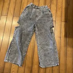 グレー カットオフデニム ワイドパンツ