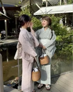 【新品】【匿名配送】線画花柄浴衣セット（浴衣&帯）ピンク