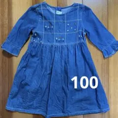 女の子 デニム 刺繍入り 七分袖 ワンピース