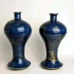 古伊万里　瑠璃釉金彩松竹梅文瓶子　一対　18世紀　酒器　徳利　花瓶　花入 古伊万里 瑠璃釉金彩松竹梅文瓶子 一対 18世紀 酒器 徳利 花瓶 花入