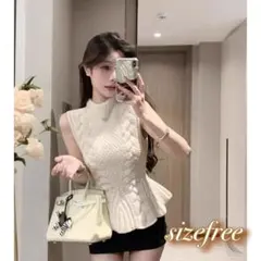 770 ノースリーブ ペプラム ニットフェミニン 夏 秋 アイボリー チュニック