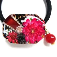 ヘアゴム レジン 八角形 天然石レッドジェイドとマトリカリア