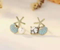 星型貝殻デザインピアス 水色 S925ポストピアス サマーアクセ