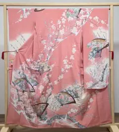 B 美品 扇面に花模様 金彩 梅 牡丹 袷 正絹 成人式 振袖 着物 K51