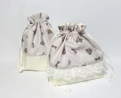 リボンくまのお弁当袋と巾着袋2点セット♪