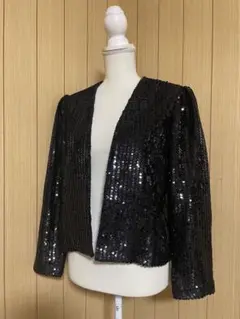 お仕立て　黒 スパンコール オープンフロントジャケットM