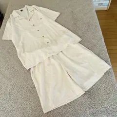 美品メンズセットアップ★シーイン★パンツ半袖シャツ【L】ベージュ 無地ナチュラルのサムネイル