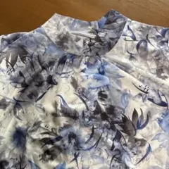 ブルー系 花柄 ハイネック 半袖 カットソー