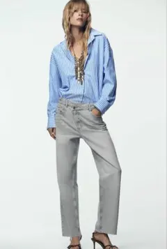 ZARA ハイウエスト　クロスウエスト　ストレートジーンズ　36 新品未使用