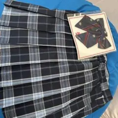 ネイビーと水色のチェック柄スカートとリボンセット