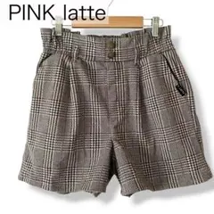 美品 ピンクラテ 千鳥格子 ハイウエスト ハーフパンツ ブラウン系 M