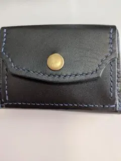 黒レザー三つ折り財布 スナップボタン付きハンドメイド