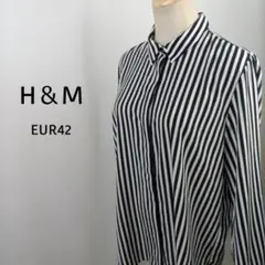 H&M　ストライプシャツ　L　ネイビー×ホワイト　長袖　レギュラーカラーのサムネイル