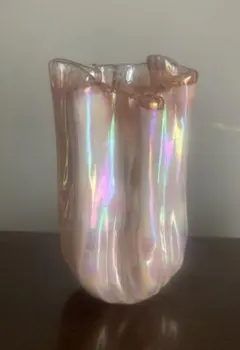 フリル　ピンク　オーロラ　フラワーベース　昭和レトロ　ビンテージ