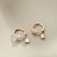 フラワー フープピアス S925刻印 ピンクゴールド CZ ダイヤ キャッチレスのサムネイル