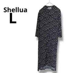 Shellua ネイビー花柄ロング　ワンピース　Lサイズ　レディース　マキシ丈