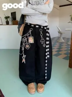 チェーン装飾付き プリントデニムパンツ ブラック y2k