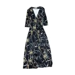 柄ワンピース　巻きワンピース　鎖　花　レディース　ブラック　M 古着 8La