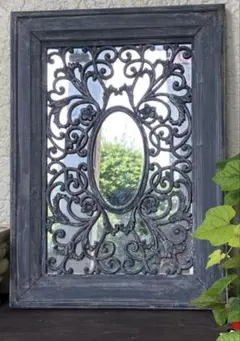 ヴィンテージ風　木製装飾ミラー 長方形 グレー