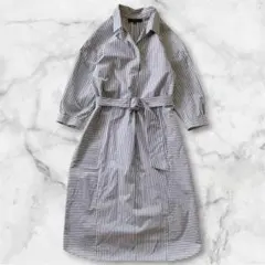 【美品】洗える アンタイトル シャツワンピース ベルト コットン ストライプ S