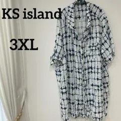 美品✨KS island 半袖シャツ【3XL】チェック ブルー しぼり染め