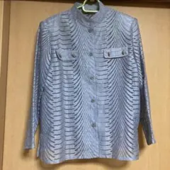 ミセス　シニア　青色ストライプ柄　長袖シャツジャケット