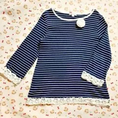 KIDS/a.v.v ストライプ レース付き長袖カットソー ネイビー130cm