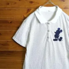 ポロシャツ　半袖シャツ　ドット柄　総柄　ミッキーマウス　刺繍　Ⅼ　白　青　古着のサムネイル