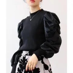 リブ編み パフスリーブ切り替えニット