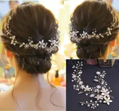 ゴールドお花パールヘッドドレス髪飾りヘアアクセサリ結婚式ブライダルウェディングa