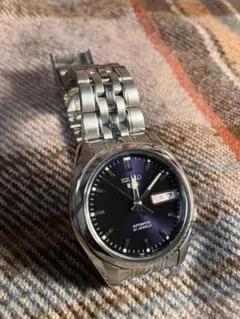 【美品】SEIKO5 自動巻き時計 濃紺紫色文字盤