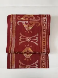 名古屋帯 赤地 幾何学模様