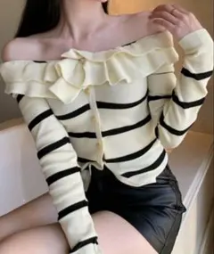 フリルニットトップス オフショルダー秋服