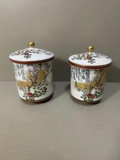 2243 九谷焼　金彩色絵 細字 漢詩 蓋付湯呑　2客