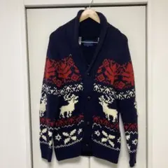 〔存在感抜群〕カウチンニット ノルディック柄 トナカイ ショールカラー ネイビー