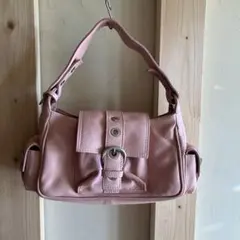 ピンクレザー ハンドバッグ フラップ付き