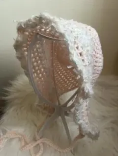 【一点物】ボンネット ハンドメイド 編み物 ベビーピンク ゆめかわ ガーリー