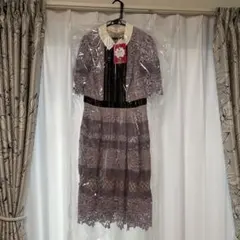 パープル レース 半袖 膝丈ワンピース