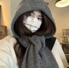 バラクラバ フード付き スヌード マフラー グレー アクリル ニット